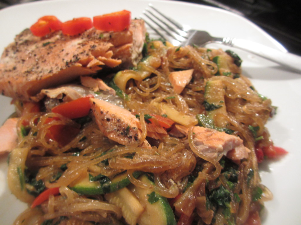 Salmon and mung bean noodles