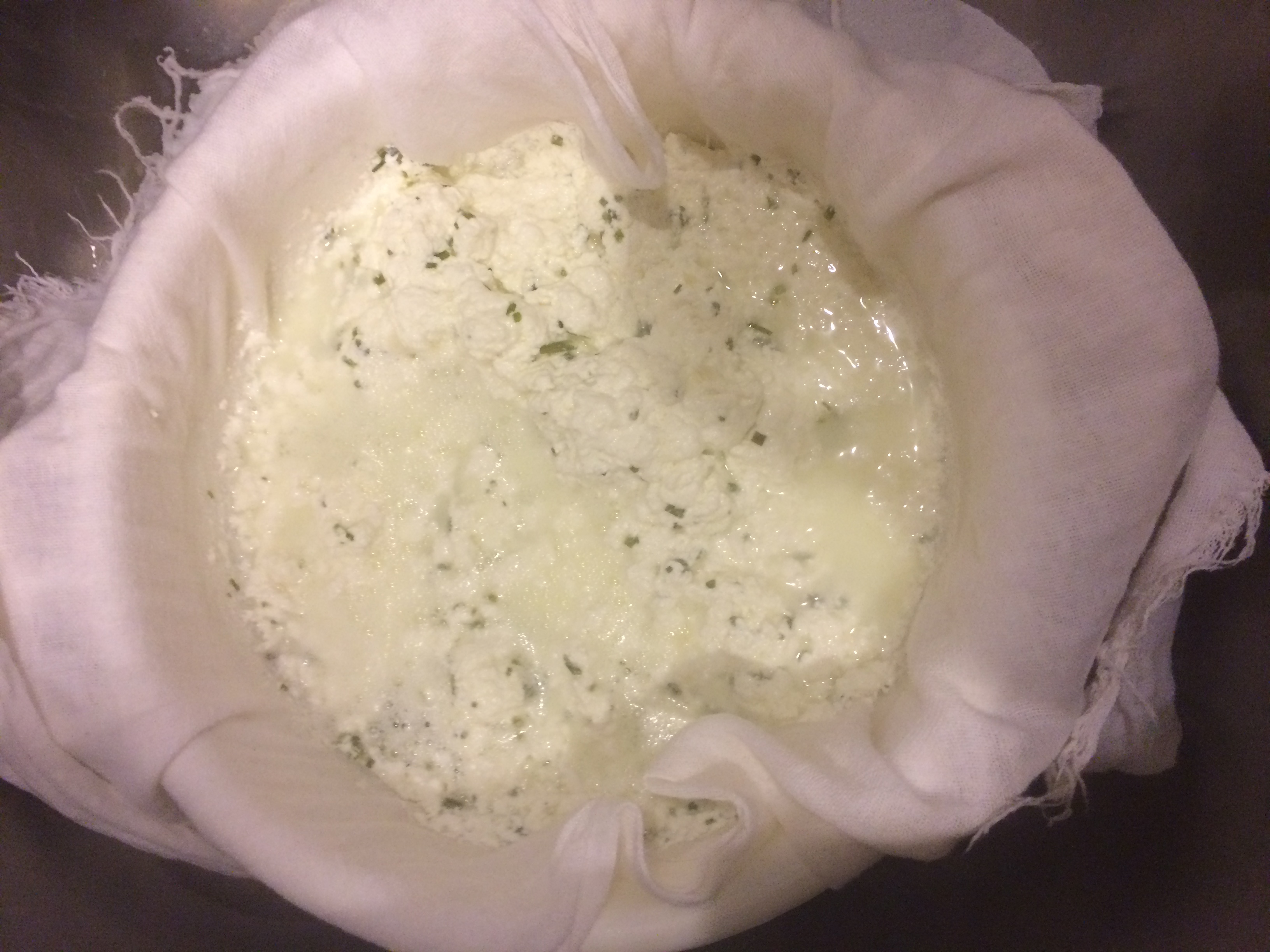 Curds in a strainer with a cheese cloth