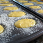 Buttered and floured madeleine pans filled with batter
