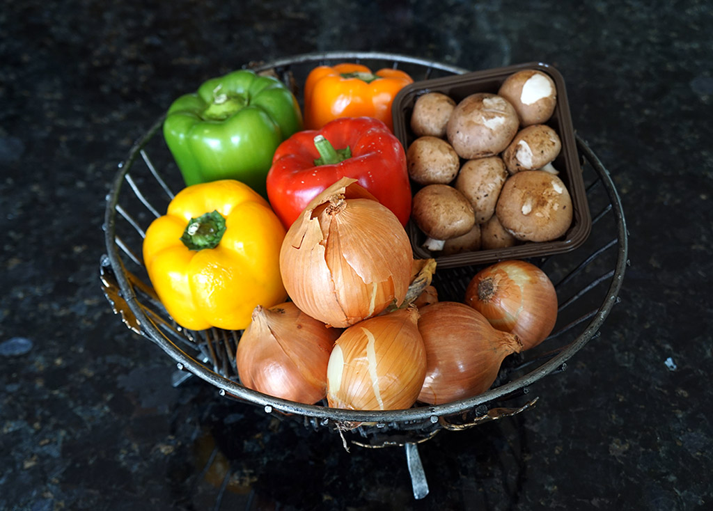 Mushrooms, peppers, and onions