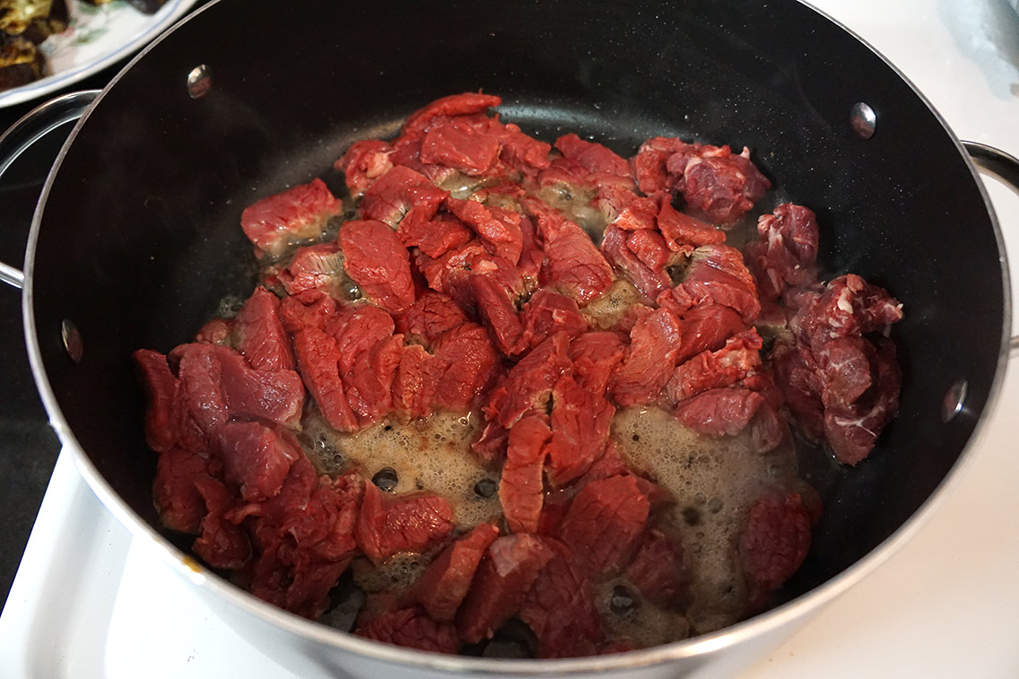 Beef cooking in a pot