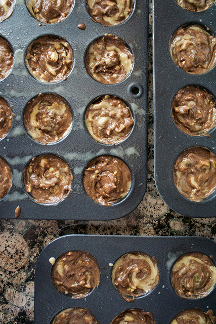 Chocolate zucchini tahini muffin Batter in Muffin Pans